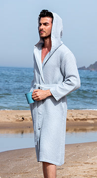 Men 's Hooded Turkish Cotton Waffle Robe for Summer