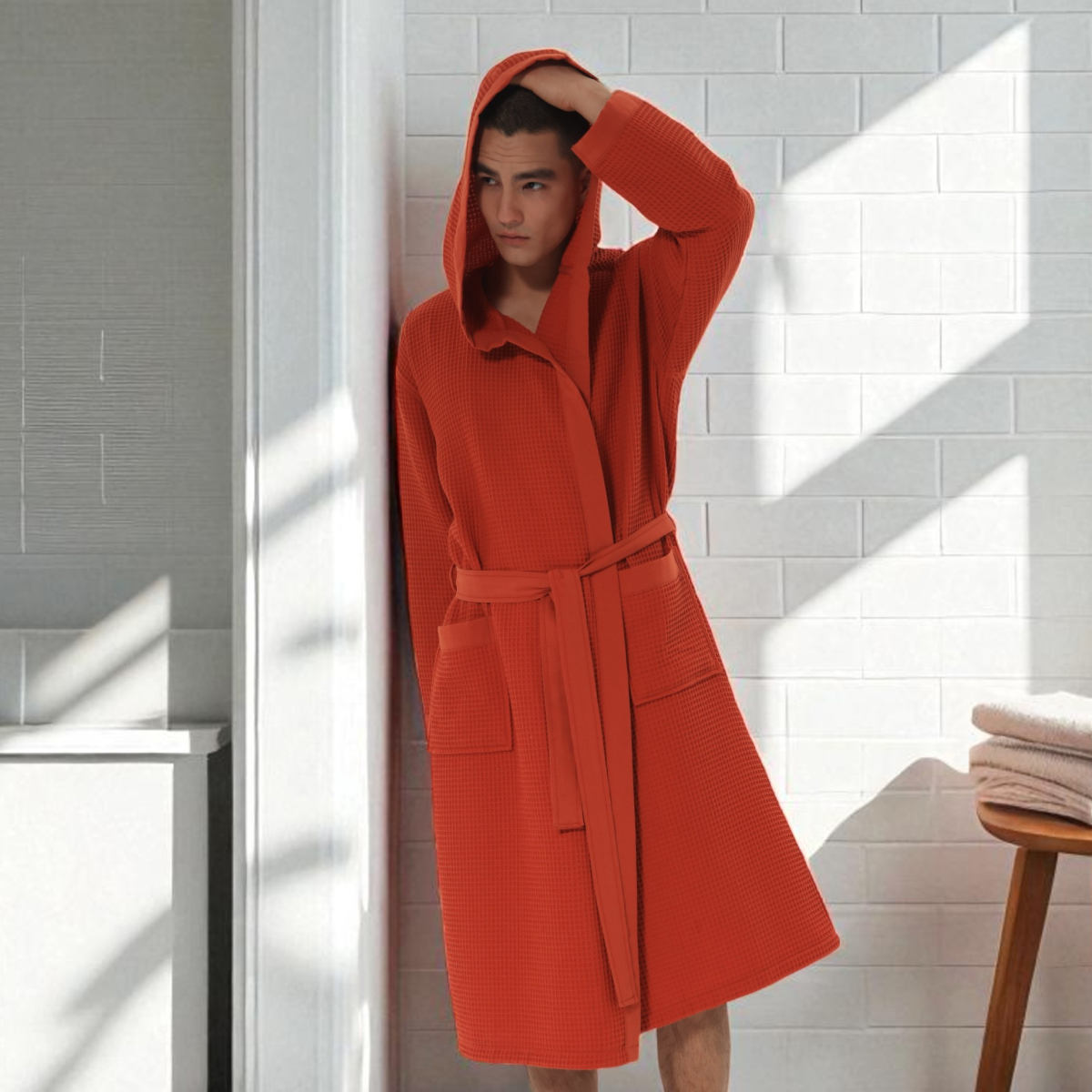 Men's Blue Gray Hooded Turkish Cotton Waffle Robe
