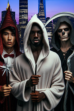 Versatile Halloween robes transformed into wizard, vampire, and Grim Reaper costumes