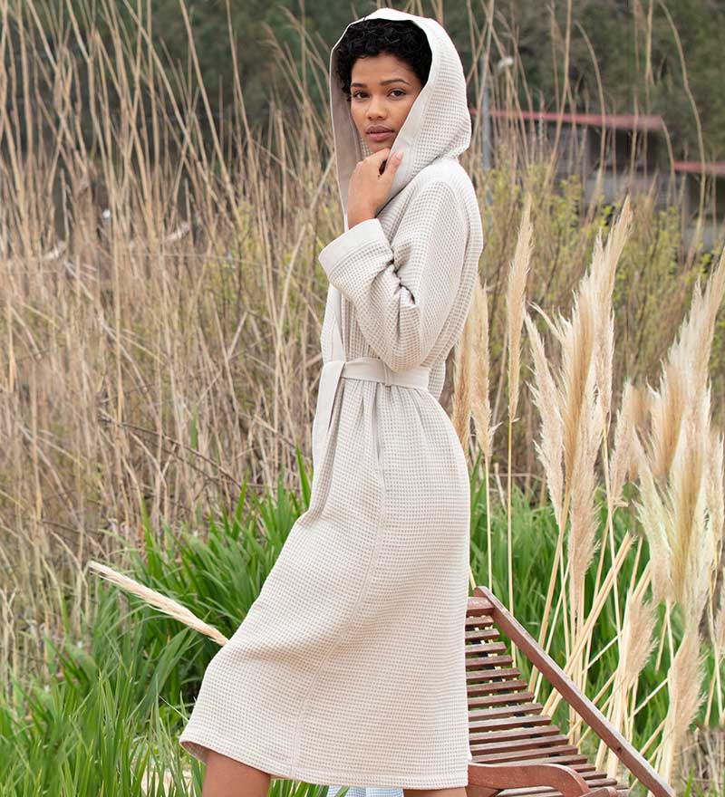 Men's Stone Beige Hooded Turkish Cotton Waffle Robe | SEYANTE